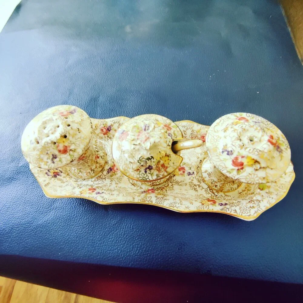 Salt Pepper & Mustard Porcelain Condiment Set in Chintz by Fenton, Vintage